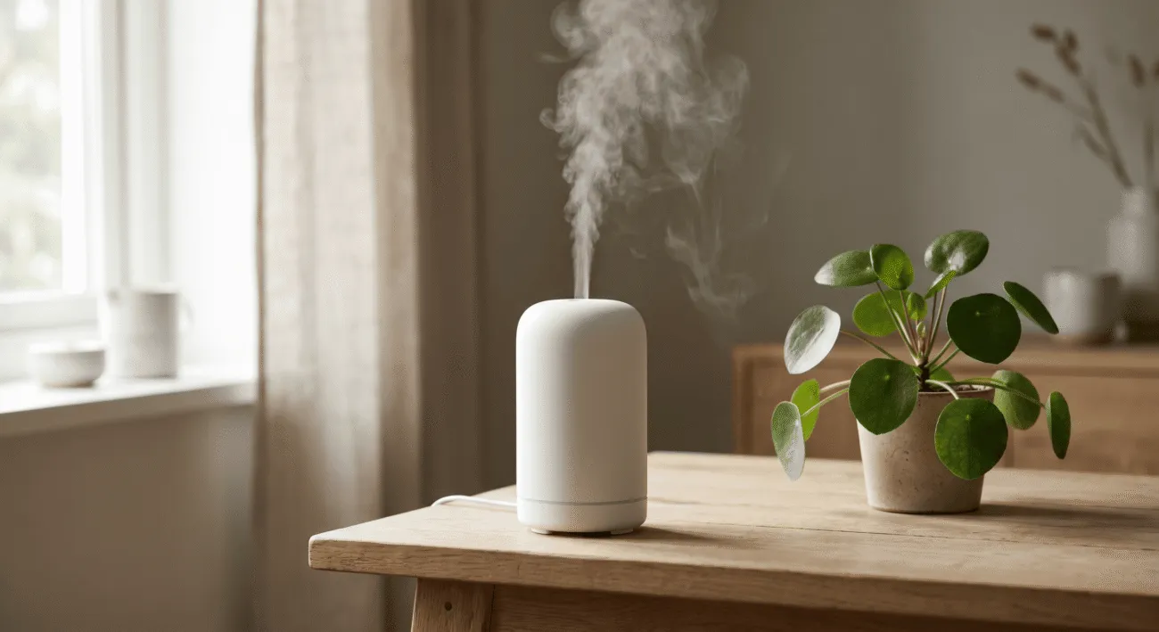 Minimalist ultrasonic aromatherapy diffuser on a wooden desk