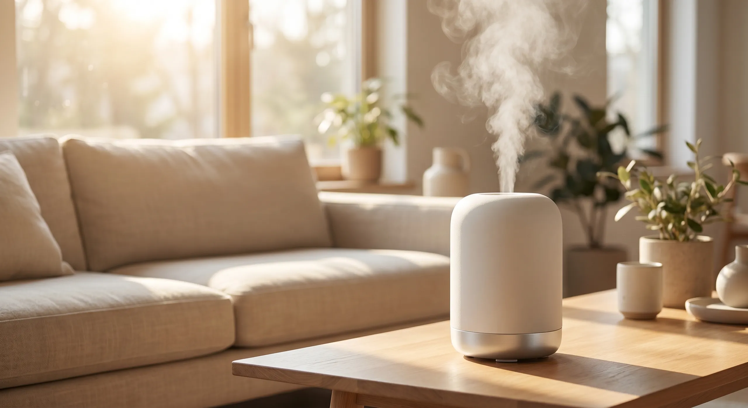 Sleek modern ultrasonic diffuser emitting mist in a minimalist living room