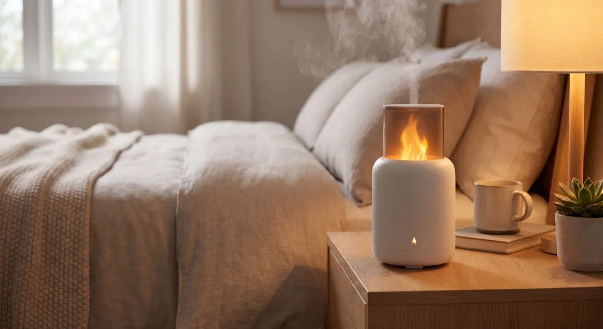 Minimalist ambient flame aroma diffuser on a wooden nightstand in a cozy bedroom