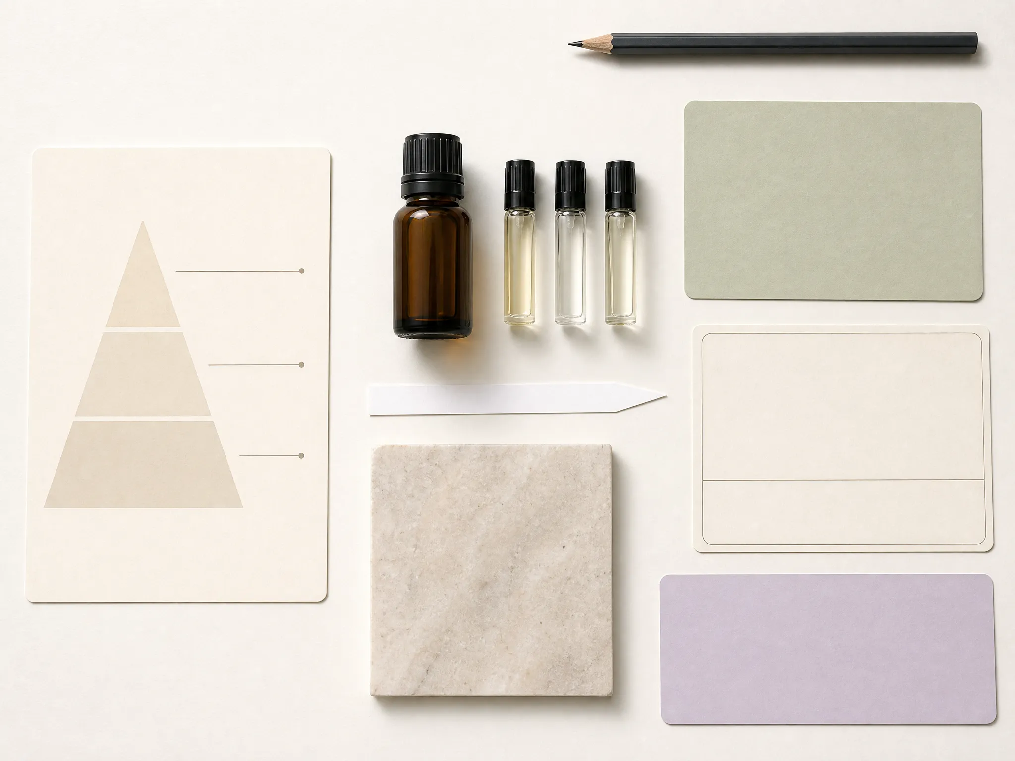 aromatherapy scent profile planning board with top middle base note cards